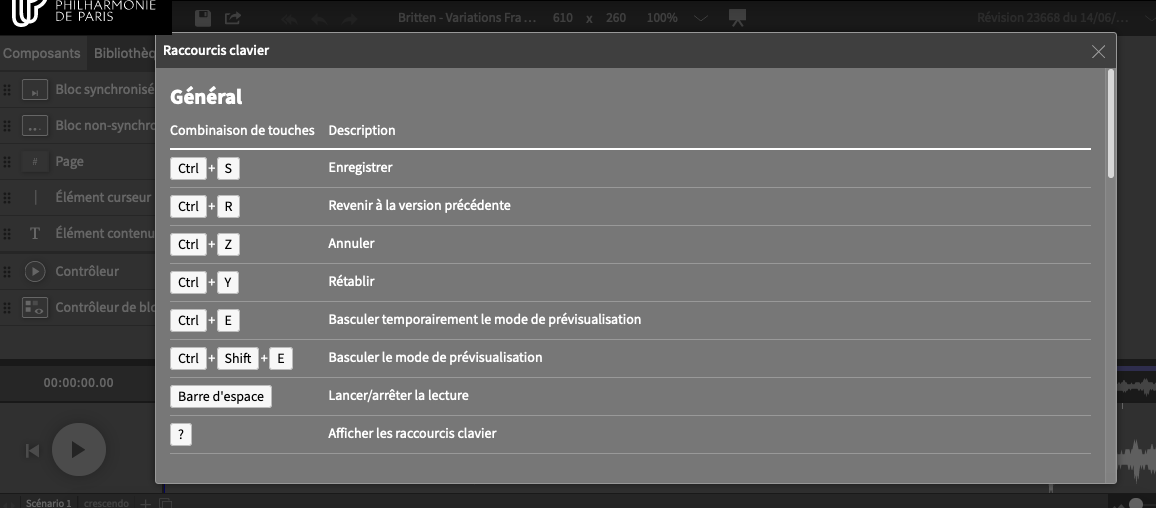 Liste des raccourcis clavier